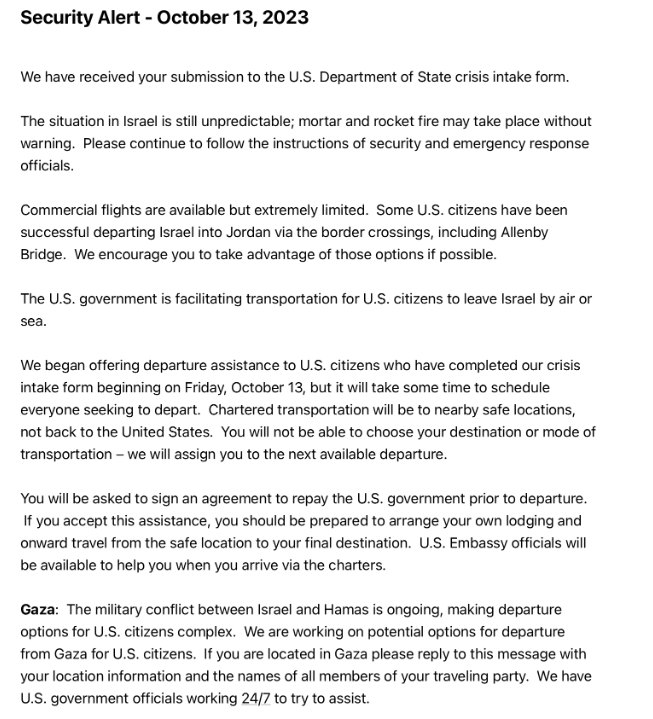The response from the U.S. Department of State after submit the request for evacuation 
