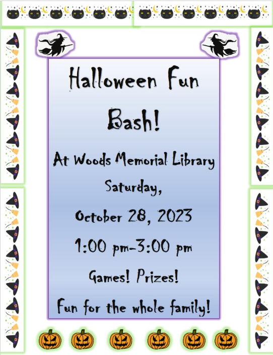 Flyer for Woods memorial Library Boo Bash