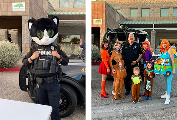 Two photos: a TPD officer in uniform wearing a furry cat head costume; trick or treaters in costume with a uniformed TPD officer.