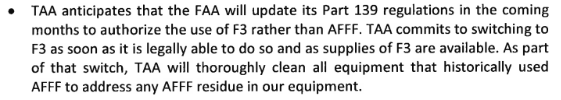TAA's statement relative to getting rid of AFFF from their property