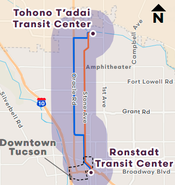 graphic shows the two routes being considered. One runs up Oracle and the other runs up Stone.