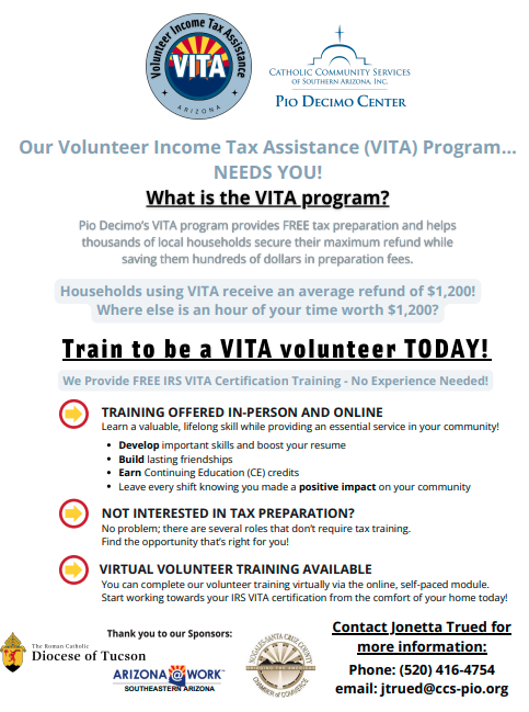 Pio Decimo Center Flyer for volunteer Income Tax Preparers