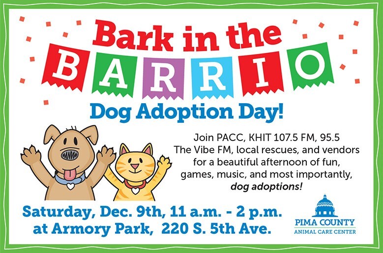 Graphic for Bark in the Barrio dog adoption event on December 9th.