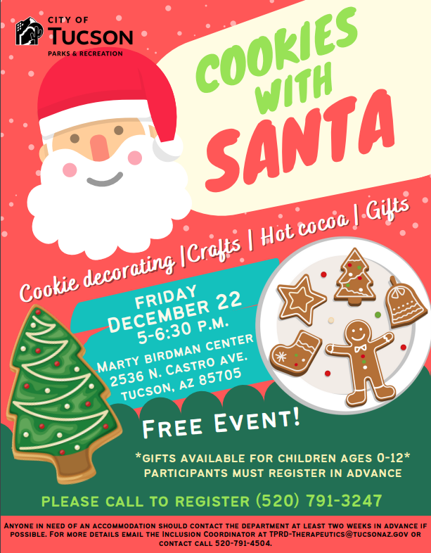 Flyer for cookies with Santa at the Marty Birdman center.