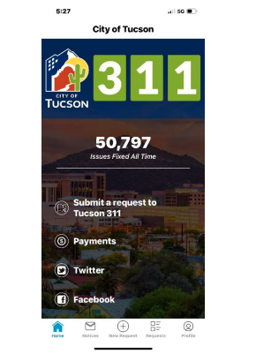 City of Tucson 311 system on the smartphone screen