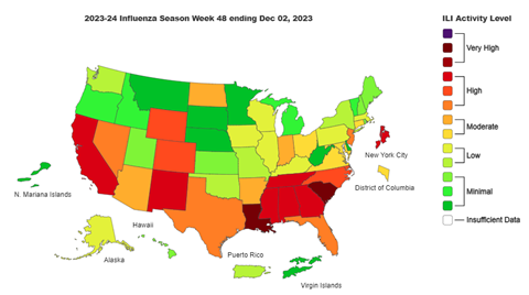 Map shows activity level of influenza all states in the U.S. 