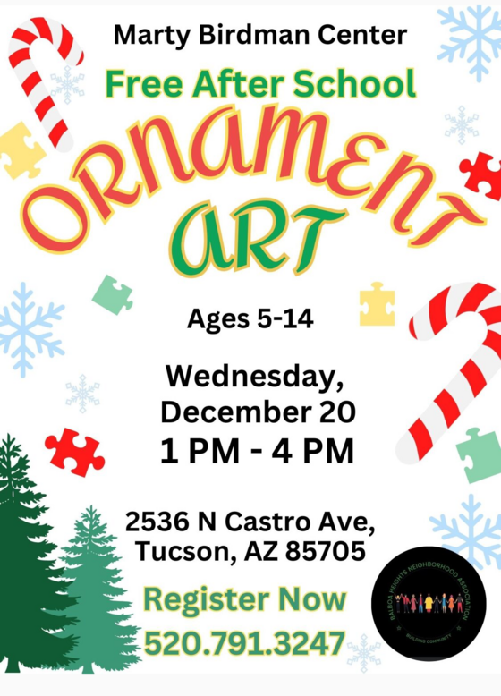 Flyer for the Marty Birdman Center Free afterschool ornament art event