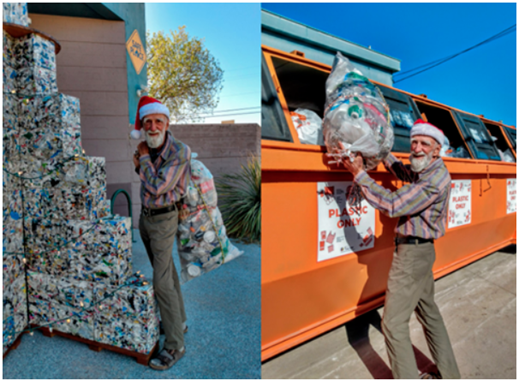 Man dressed like Santa carrying bags full of plastic recycling