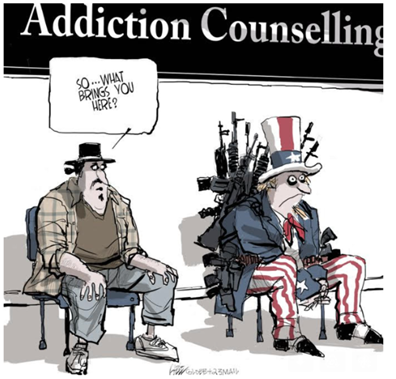 Cartoon reading Addiction Counseling. Two men sitting side by side. One dressed in American Flag with weapons behind his back.