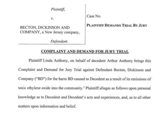 cover page from a lawsuit involving Becton Dickinson 