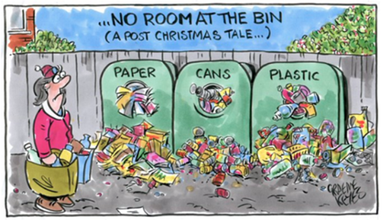 Cartoon that reads .......NO ROOM AT THE BIN (A POST CHRISTMAS TALE....) 3 headstones that read Paper, Cans, Plastic