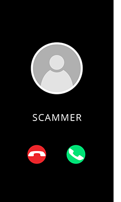 Cell phone screen showing caller ID "SCAMMER"