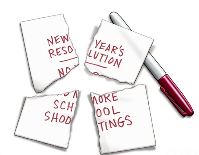 Cartoon depicting a paper with red markers ripped apart with the header 'New Year's resolution'.