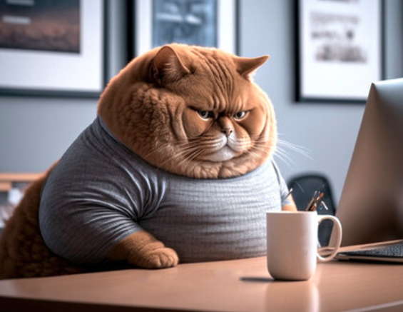 Picture of a over weight cat sitting in front of a computer