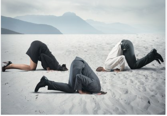 Picture of three people with their head in the sand