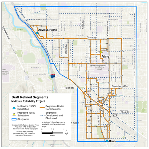 Map shows draft refined segments for TEP Midtown Reliability Project