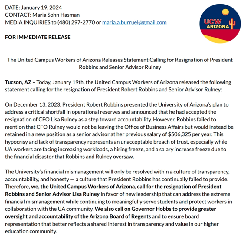 Letter of Release was sent out by the UA Campus Workers Union calling for the termination of both Robbins and the former CFO