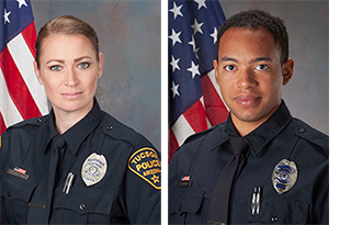 Two department photos of TPD officers in uniform in front of an American flag, a female on the left and a male on the right.