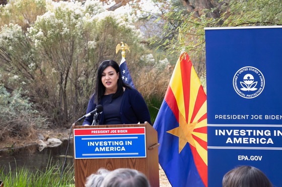 photo of Natalie DeRoock overseeing a Q&A at the Tucson Water press event at Sweetwater Wetlands for the U.S. EPA.