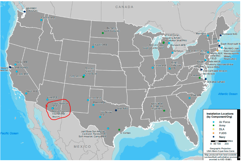 Map shows 30 DOD and National Guard installations where PFAS has been identified and Davin Monthan AFB is listed