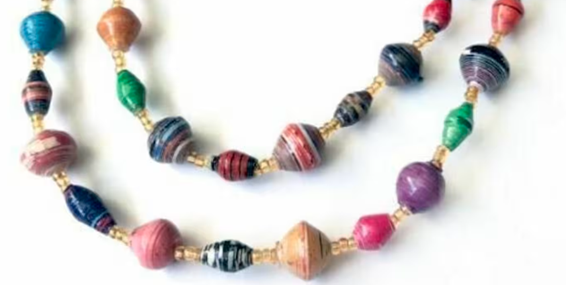 Picture of a necklace made of recycled paper beads
