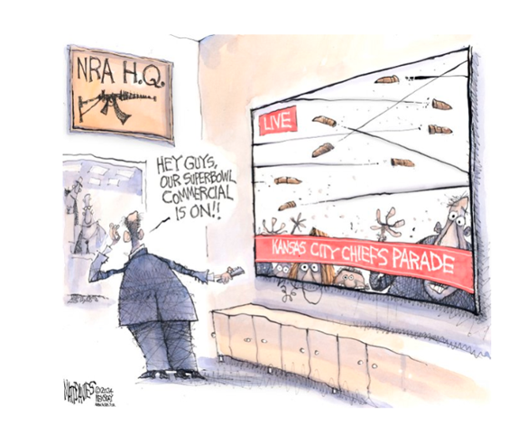 NRA cartoon where man is telling the rest of staff that their Superbowl commercial is on the TV and it's bullets flying across the TV