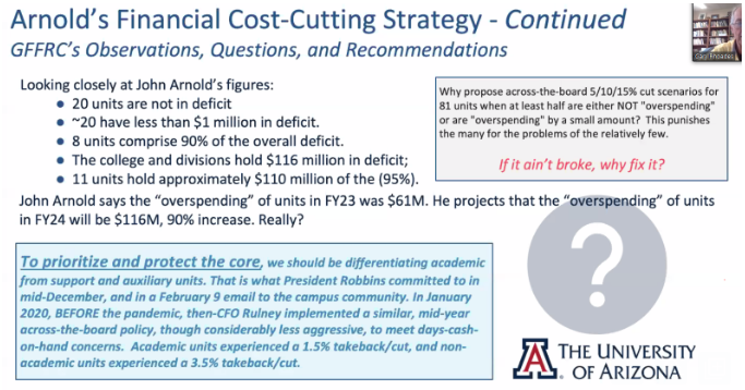 Presentation shows CFO Arnold's financial cost-cutting strategy 