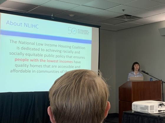 Photo of  Presentation on affordable housing advocacy by Lindsay Duvall of the National Low Income Housing Coalition.