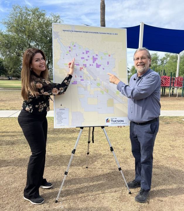 Photo of Mayor Romero and Vice Mayor Dahl with a city map of approved 411 projects for year one.