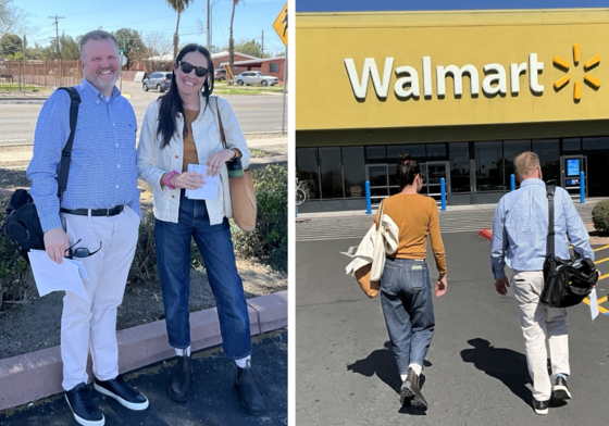 Photo of Ward 3 council aide Marlene Avelino meeting with a Walmart representative and heading into a store.