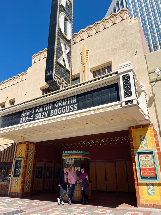 Photo of Laura Alexander, Vice Mayor Kevin Dahl, and Executive Director Bonnie Schock in front of the Fox Tucson Theatre.