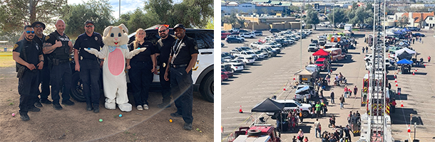 2 photos: group photo of Easter Bunny with TPD officers on left; wide shot from drone of public safety fair at Tucson Mall on right