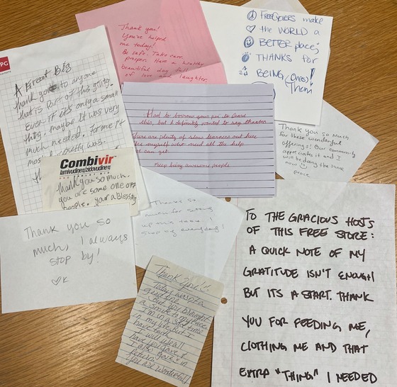 A collection of Thank You notes left at the Free Stuff Table.