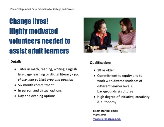 Graphic for Pima College Adult Basic Education is looking for Volunteers