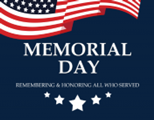 Memorial Day sign with white letters on a blue field and an American flag at the top of the image