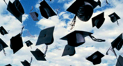 Graduation mortar board caps flying through a partly cloudy blue sky