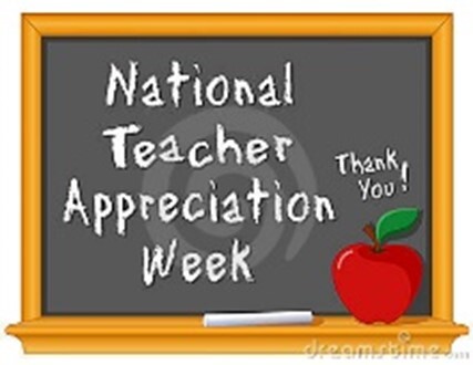 Classroom chalk board that says National Teacher Appreciation Week and a thank you just over a red apple on the ledge of the board.