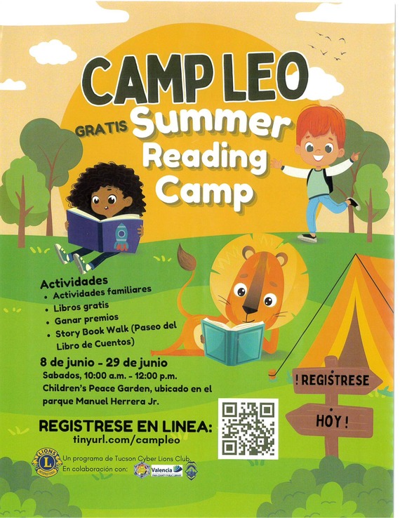 Camp Leo Summer Reading Camp Flyer in Spanish - tinyurl.com/campleo