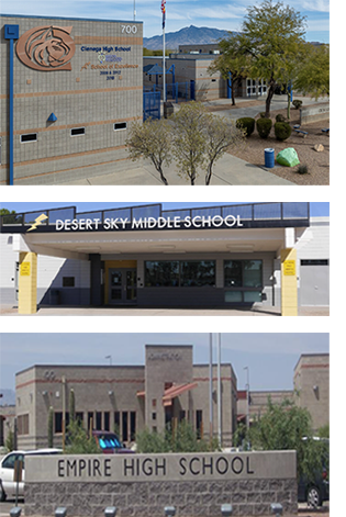 Three photos arranged vertically showing the outside of each of the affected schools.