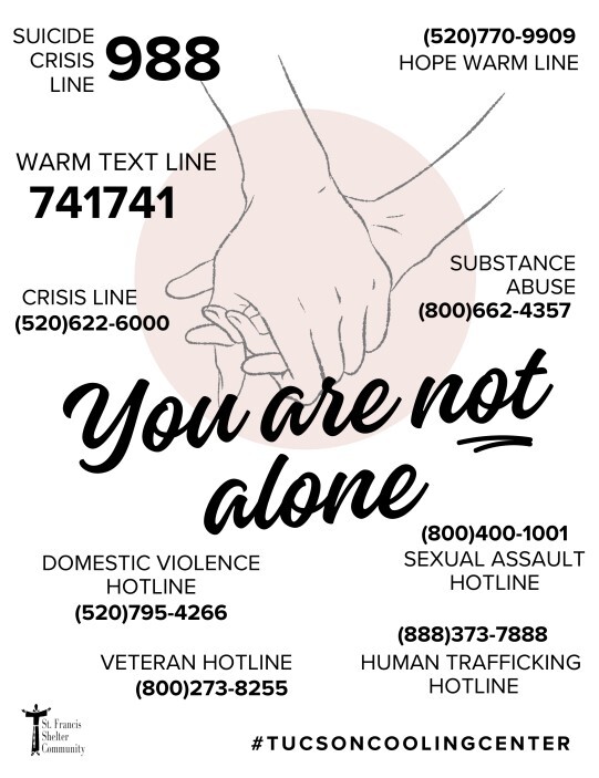 Flyer for cooling center saying you are not alone.