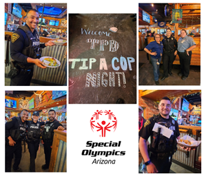 Poster for Special Olympics Tip-a-Cop that shows officers in uniform waiting tables.