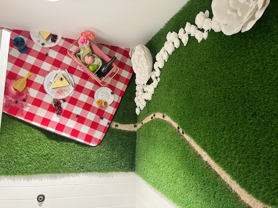 (Photo of picnic scene in bathroom)