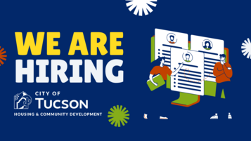 We are hiring with an icon of people looking at application papers and the City of Tucson logo