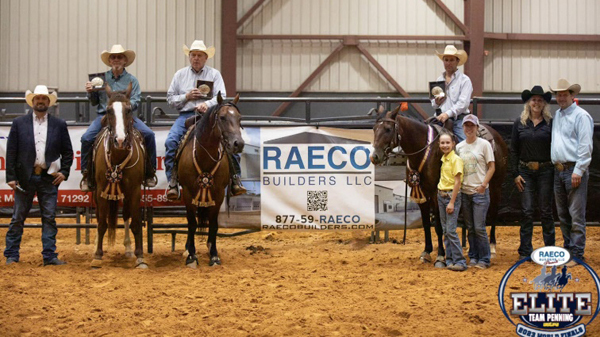 Lineup of older cowboys on horseback holding their prize rodeo belt buckles.