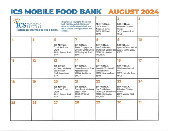 PDF image of ICS Mobile Food Bank Calendar for August