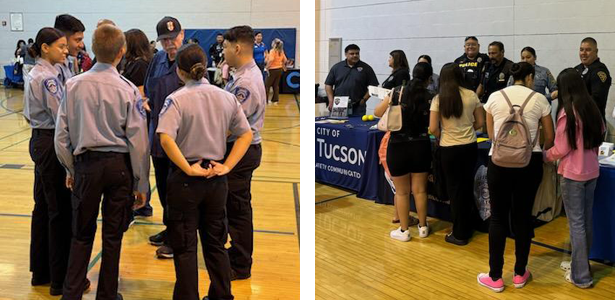 Two photos: TPD Explorers listen to their leader; students line up at a table staffed by TPD members.