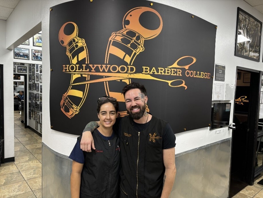 Picture of Richard Campas and staff at the Hollywood Barber College.