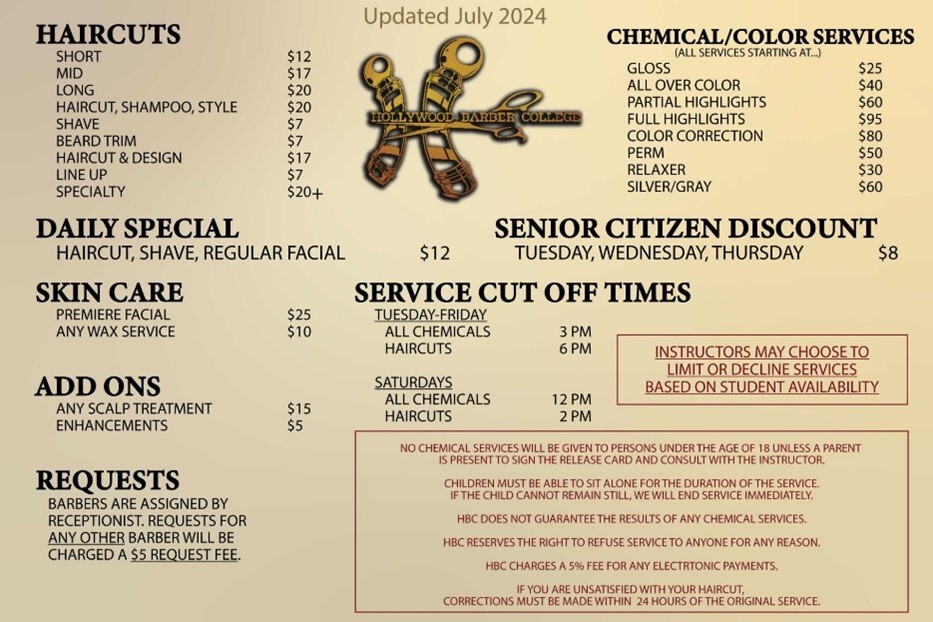 Photo of barber college prices.