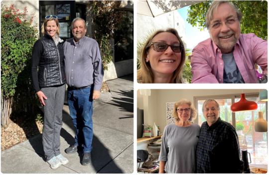 Photo collage of Kevin having coffee with constituents