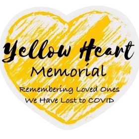 Yellow Heart Memorial image, a yellow heart with black text, to remember those we have lost to COVID